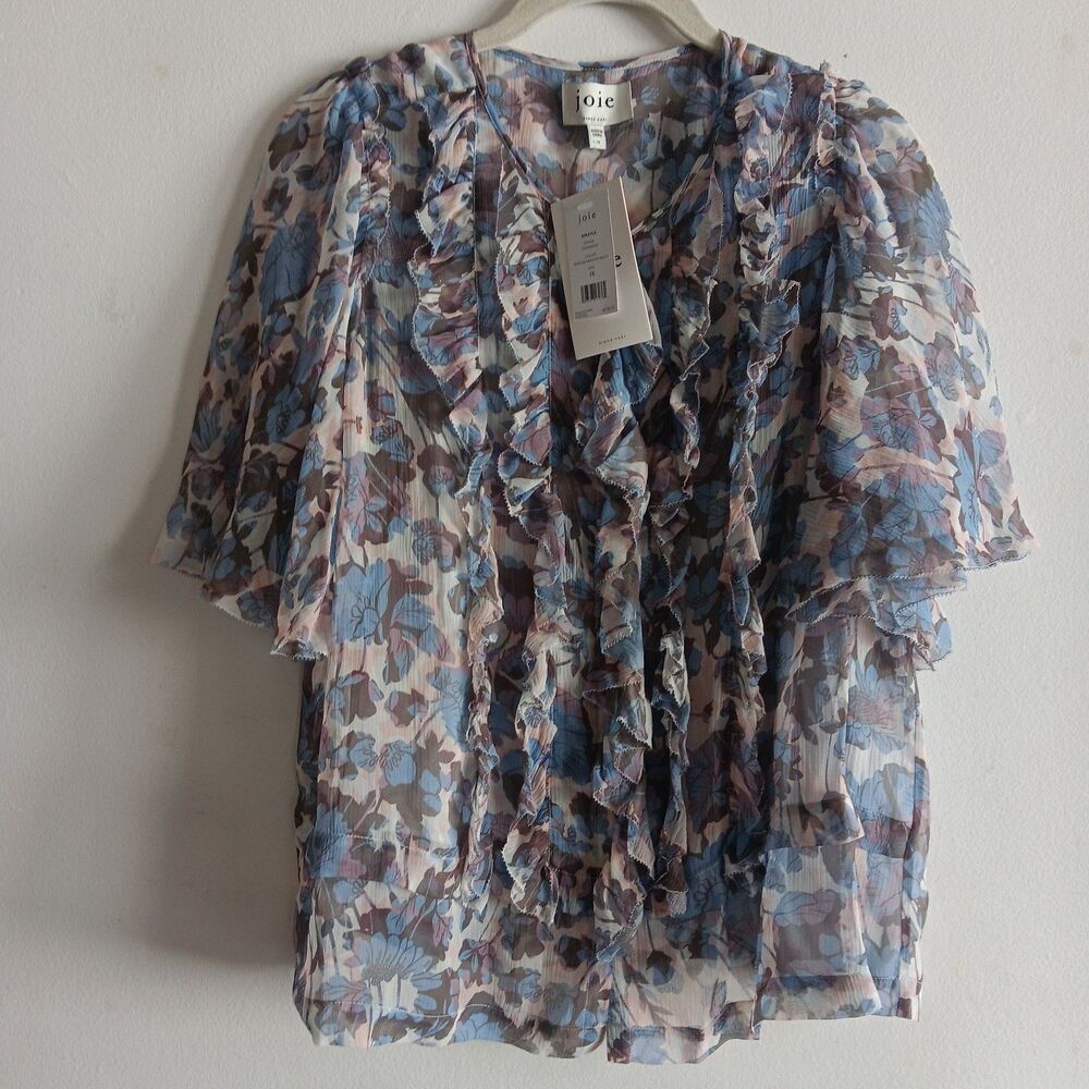 Joie Mikayla Silk Floral Sheer Boho Peasant Ruffle‎ Top Size 1X Blue Fairy